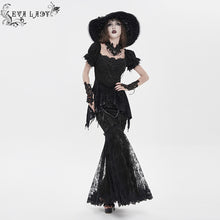 Load image into Gallery viewer, ESKT08001 Black Sequin-Embellished Mesh and Flocked Floral Mesh Fitted Fishtail Skirt