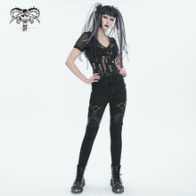 Load image into Gallery viewer, TT242 broken holes fine mesh and faux leather V-neck slim fit Short sleeve T-shirt