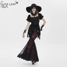 Load image into Gallery viewer, ESKT08002 Black and red Sequin-Embellished Mesh and Flocked Floral Mesh Fitted Fishtail Skirt
