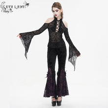 Load image into Gallery viewer, ETT030 Off-the-shoulder strappy flocked long-sleeved women's T-shirt