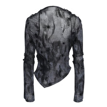 Load image into Gallery viewer, TT312 Punk Flocked Mesh High-Neck Draped-Collar Long-Sleeve T-Shirt