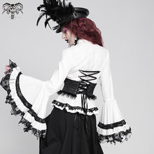 Load image into Gallery viewer, SHT00902 party gothic big flared sleeves bandage black and white color contrast women blouse with necktie