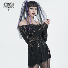 Load image into Gallery viewer, TT245 Ripped Knit Off-Shoulder Halter Neck Long Sleeve T-Shirt