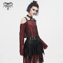 Load image into Gallery viewer, TT25302 Red Mesh off-shoulder halterneck long-sleeved women's T-shirt