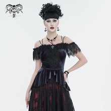 Load image into Gallery viewer, TT241 Wine velvet big lace flat shoulder short sleeves vest