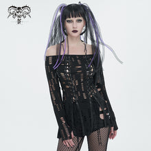 Load image into Gallery viewer, TT245 Ripped Knit Off-Shoulder Halter Neck Long Sleeve T-Shirt