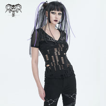 Load image into Gallery viewer, TT242 broken holes fine mesh and faux leather V-neck slim fit Short sleeve T-shirt