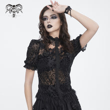 Load image into Gallery viewer, TT268 Gothic pentagram flocked mesh with lace halterneck women's short T-shirt