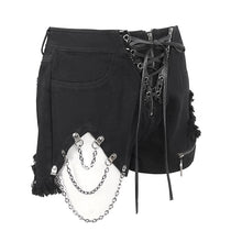 Load image into Gallery viewer, PT208 Denim and leather spliced asymmetric  shorts with chain