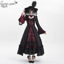 Load image into Gallery viewer, ESKT06602 Black and Red Gothic Pattern Satin Rose Mesh Long Sleeve Dress