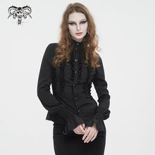 Load image into Gallery viewer, SHT10601 Black chiffon smocked lace stand collar women blouse