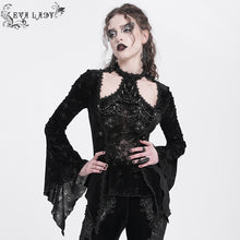 Load image into Gallery viewer, EVA LADY ETT04101 black Gothic shiny velvet halterneck long-sleeved T-shirt