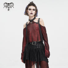 Load image into Gallery viewer, TT25302 Red Mesh off-shoulder halterneck long-sleeved women's T-shirt
