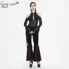 Load image into Gallery viewer, ETT030 Off-the-shoulder strappy flocked long-sleeved women's T-shirt