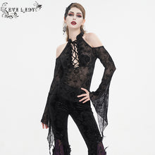 Load image into Gallery viewer, ETT030 Off-the-shoulder strappy flocked long-sleeved women's T-shirt