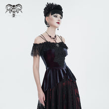 Load image into Gallery viewer, TT241 Wine velvet big lace flat shoulder short sleeves vest
