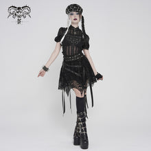 Load image into Gallery viewer, SKT25801 Punk Skull Mesh-Paneled, Snake-Print Faux Leather Micro-Mini Skirt with Multiple Straps
