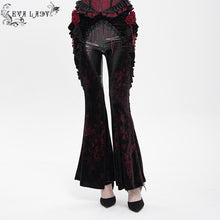 Load image into Gallery viewer, EPT02002 Black and Red Velvet-knit flared trousers with side ruffles