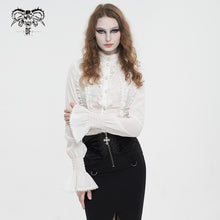 Load image into Gallery viewer, SHT10602 White chiffon smocked lace stand collar women's shirt