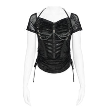 Load image into Gallery viewer, TT311 Punk-Style Halter-Neck Velvet-Knit & Mesh Patchwork Short-Sleeve T-Shirt