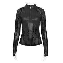 Load image into Gallery viewer, TT319 Women's Punk T-Shirt with Flocked Circuit Board Print and Stand Collar