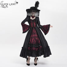 Load image into Gallery viewer, ESKT06602 Black and Red Gothic Pattern Satin Rose Mesh Long Sleeve Dress