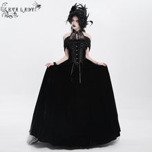 Load image into Gallery viewer, ESKT058 Stand collar ribbon tied steel button velvet dress