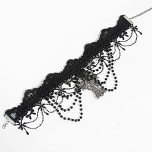 Load image into Gallery viewer, AS273 Gothic Necklace with Bow, Tassels, Lace, and Fine Beaded Chain Pendant