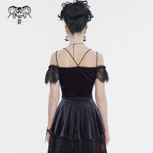 Load image into Gallery viewer, TT241 Wine velvet big lace flat shoulder short sleeves vest