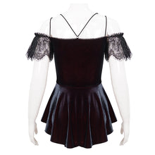 Load image into Gallery viewer, TT241 Wine velvet big lace flat shoulder short sleeves vest