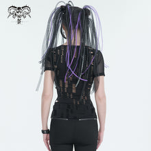 Load image into Gallery viewer, TT242 broken holes fine mesh and faux leather V-neck slim fit Short sleeve T-shirt