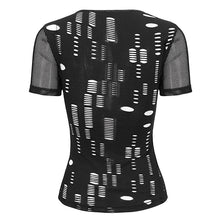 Load image into Gallery viewer, TT242 broken holes fine mesh and faux leather V-neck slim fit Short sleeve T-shirt