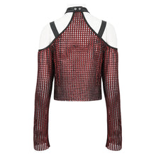 Load image into Gallery viewer, TT25302 Red Mesh off-shoulder halterneck long-sleeved women's T-shirt
