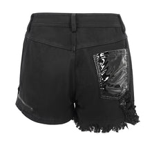 Load image into Gallery viewer, PT208 Denim and leather spliced asymmetric  shorts with chain
