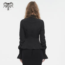 Load image into Gallery viewer, SHT10601 Black chiffon smocked lace stand collar women blouse