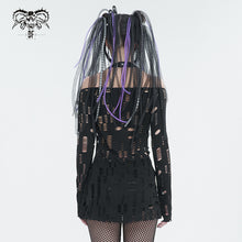 Load image into Gallery viewer, TT245 Ripped Knit Off-Shoulder Halter Neck Long Sleeve T-Shirt
