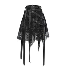 Load image into Gallery viewer, SKT25801 Punk Skull Mesh-Paneled, Snake-Print Faux Leather Micro-Mini Skirt with Multiple Straps