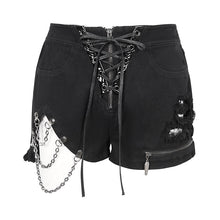 Load image into Gallery viewer, PT208 Denim and leather spliced asymmetric  shorts with chain