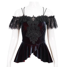 Load image into Gallery viewer, TT241 Wine velvet big lace flat shoulder short sleeves vest