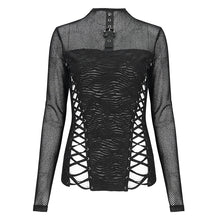 Load image into Gallery viewer, TT255 Diamond mesh stitching long sleeve strappy women's T-shirt