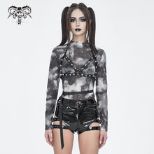 Load image into Gallery viewer, TT266 Punk tie-dyed mesh leather strip embellished women's T-shirt
