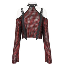 Load image into Gallery viewer, TT25302 Red Mesh off-shoulder halterneck long-sleeved women's T-shirt