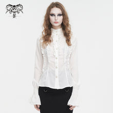 Load image into Gallery viewer, SHT10602 White chiffon smocked lace stand collar women's shirt