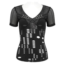 Load image into Gallery viewer, TT242 broken holes fine mesh and faux leather V-neck slim fit Short sleeve T-shirt