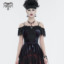 Load image into Gallery viewer, TT241 Wine velvet big lace flat shoulder short sleeves vest