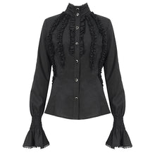 Load image into Gallery viewer, SHT10601 Black chiffon smocked lace stand collar women blouse