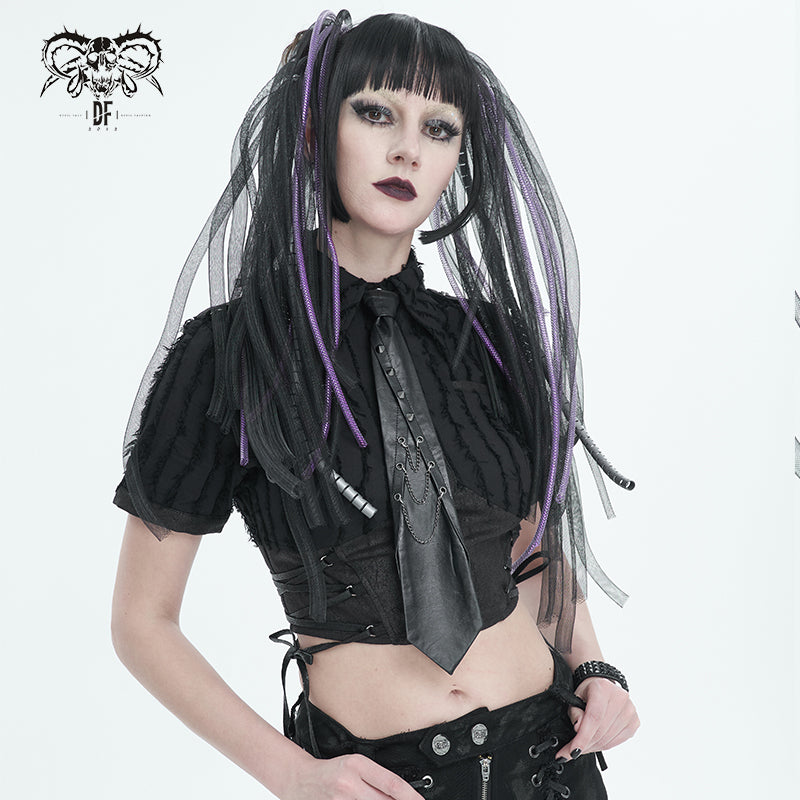 AS149 Asymmetric Black Leather Tie With Chain Devil Fashion Official as149-asymmetric-black-leather-tie-with-chain-devil-fashion-official