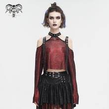 Load image into Gallery viewer, TT25302 Red Mesh off-shoulder halterneck long-sleeved women's T-shirt