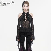 Load image into Gallery viewer, ETT030 Off-the-shoulder strappy flocked long-sleeved women's T-shirt