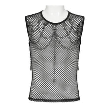 Load image into Gallery viewer, TT317 Large Diamond Mesh & Faux Leather Paneled Woven Punk T-Shirt